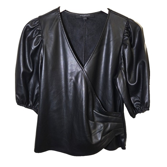 New MARC NEW YORK Black Faux Leather Wrap Top PUFF SHORT SLEEVE Size S $69 - Picture 1 of 10